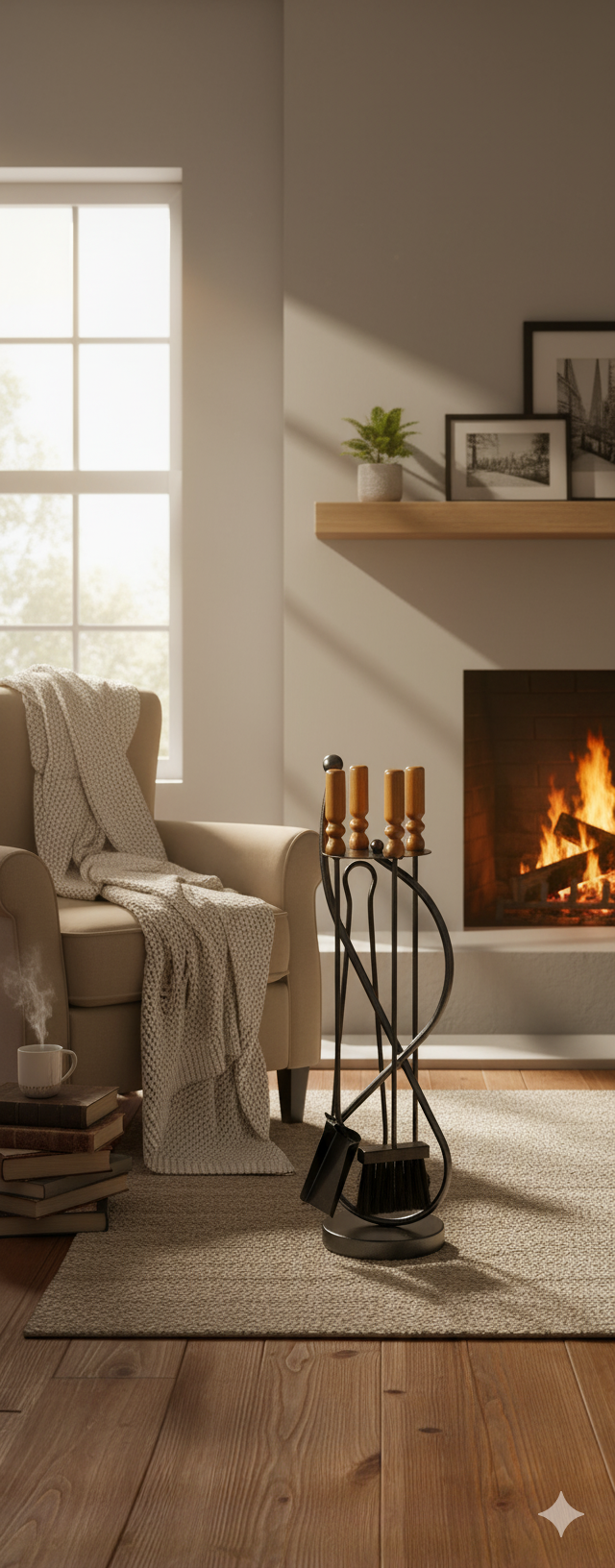 Trespolo per Attrezzi Camino con Paletta Scopino Attizzino e Pinza 19x19x72 cm in Ferro e Legno Grigio Martellato