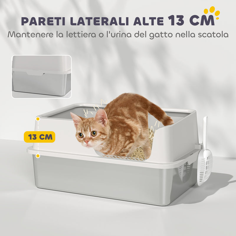 Lettiera per Gatti con Bordi Rialzati 60x40x28 cm in Acciaio Inox e PP Grigio Chiaro   