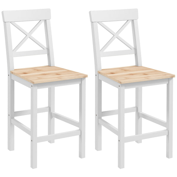 Set di 2 Sgabelli da Bar con Schienale Alto Poggiapiedi in Legno di Pino Naturale e Bianco online