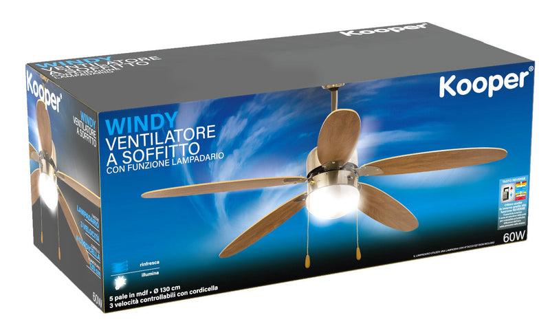 Ventilatore da Soffitto 5 Pale e Lampada Ø130 cm 3 Velocità Kooper Marrone