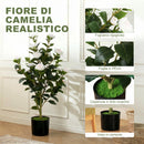 Pianta Finta di Camelia con Fiori Realistici 176 Foglie in PEVA e Vaso Nero in PP Riempito in Cemento Bianco      