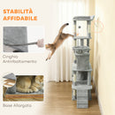 Albero Tiragraffi per Gatti 60x40x170 cm con 2 Casette Amaca Tunnel e Lettino Pali in Sisal Grigio      