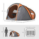 Tenda da Campeggio Pop Up 2 Posti 263,5x220x123 cm con 2 Porte 4 Finestre e Telo Impermeabile Arancione      
