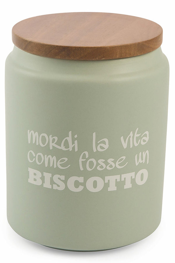 Biscottiera con Scritta Ø14x18 cm in Gres con Coperchio in Bambù VdE Tivoli 1996 sconto