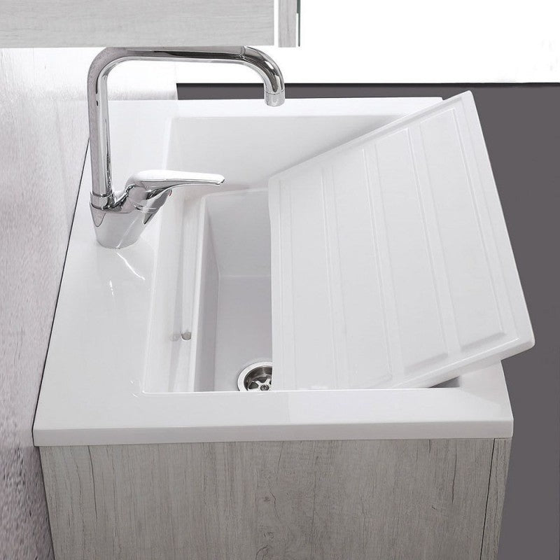 Mobile Lavatoio Sospeso Vasca Zeus in MineralMarmo Apertura a Cassettone 60x48x50 cm Bianco Latte