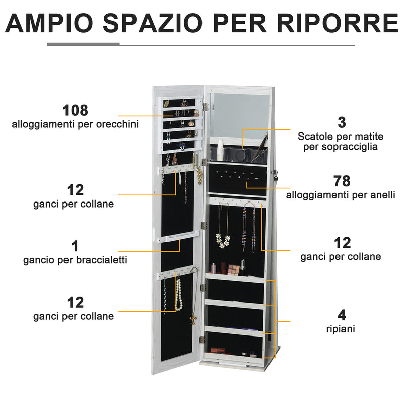 Specchio Portagioie da Terra a LED 15x15x61,75 cm con 4 Scaffali Struttura in Legno Bianco  