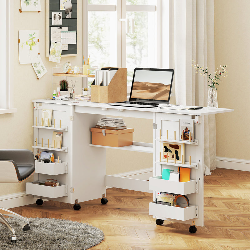 Tavolo da Cucito Pieghevole per Macchina da Cucire con Ripiani 20 Pioli Ruote con Blocco Bianco      