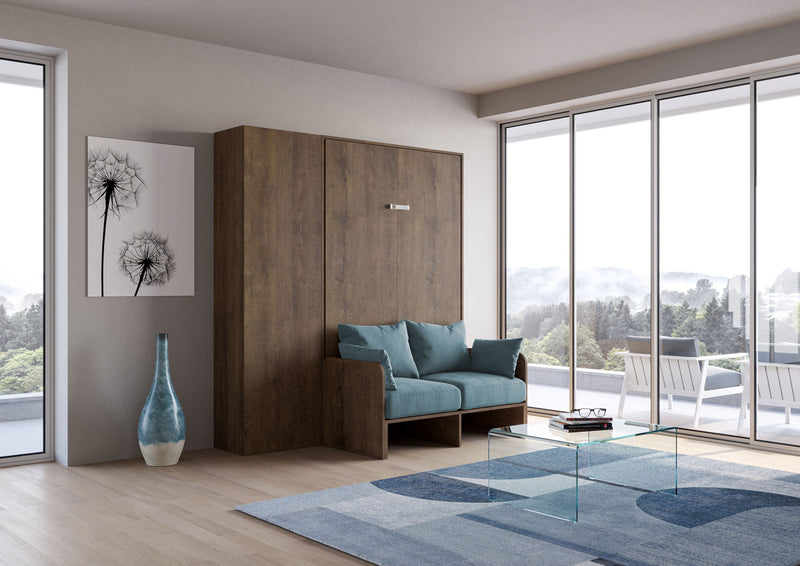 Letto Matrimoniale Francese A Scomparsa 140 Kentaro Con Divano E Colonna Noce e Azzurro      