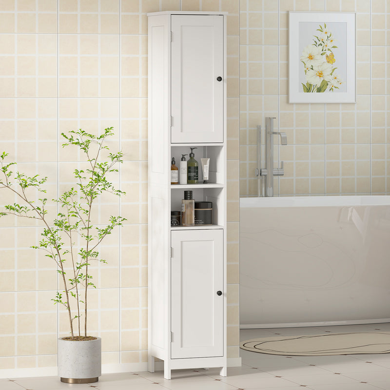 Mobile Alto a Colonna Bagno 30x30x170 cm con 2 Ripiani Aperti e 2 Armadietti in Legno Bianco      