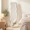 Specchio da Terra 160x60 cm con Cornice Ondulata in Velluto e Vetro Temperato Crema      