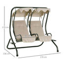 Dondolo da Giardino 2 Posti con Tettuccio Parasole e Vassoio Porta Bevande in Acciaio Beige 