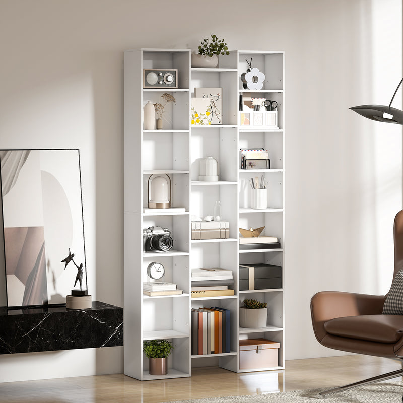 Libreria Moderna 89,5x23,5x181 cm con 21 Scomparti e 10 Ripiani Regolabili in Legno Bianco      