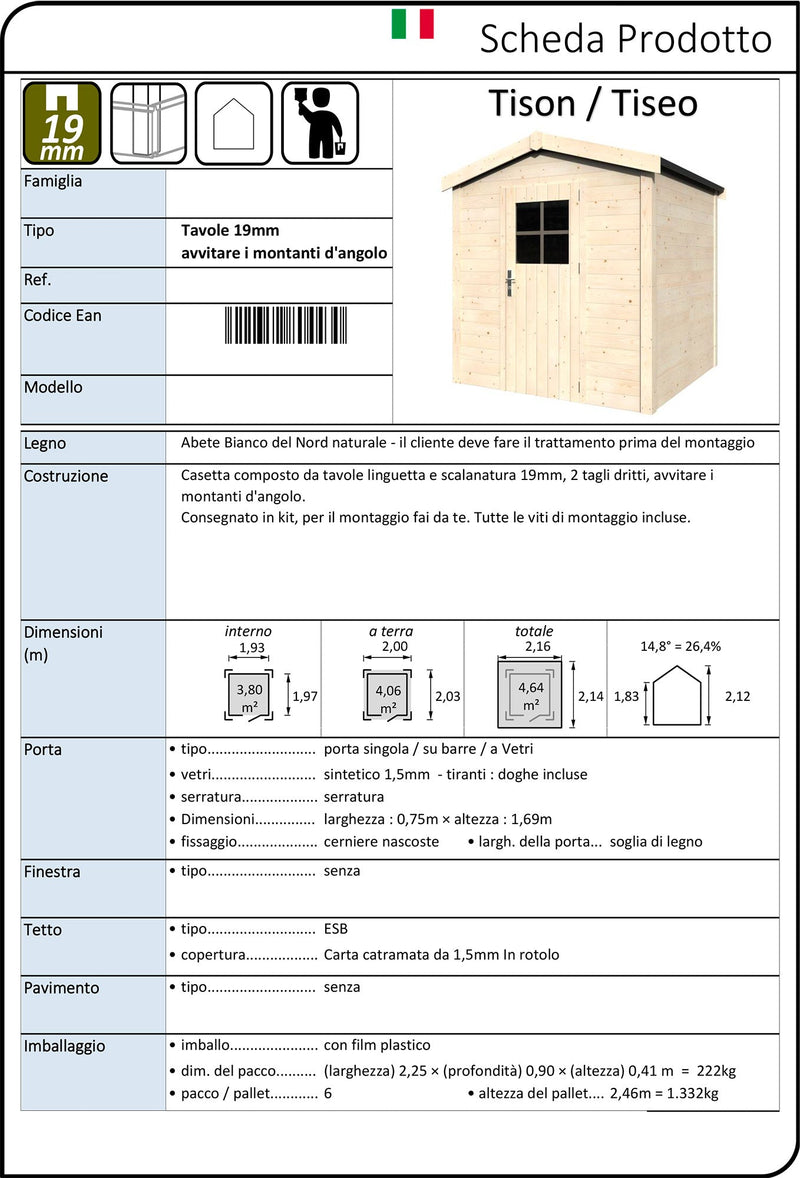 Casetta Box da Giardino per Attrezzi 2,16x2,14m Senza Pavimento in Legno Abete 19mm Tison