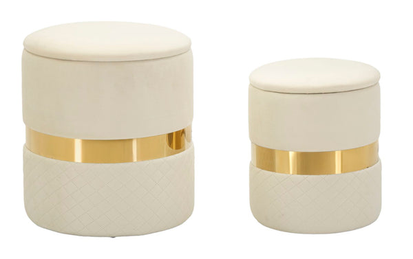 Puff con Contenitore Sheffild Crema Set 2 Pz Ø37x42 cm - Ø28x35 cm in Ferro e MDF e Spugna e Poliestere Crema e Oro sconto