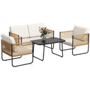Set 4 Pezzi da Esterno Divanetto 2 Poltrone e Tavolino Basso con Piano in Vetro in Rattan Bianco Crema   