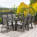 Set da Giardino con Tavolo Rettangolare in Vetro e 8 Sedie Impilabili con Braccioli Grigio Chiaro    