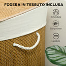 Cesto Portabiancheria 60x40x60 cm con Coperchio 3 Scomparti 144L con Sacca Removibile e Lavabile in Bambù Marrone      