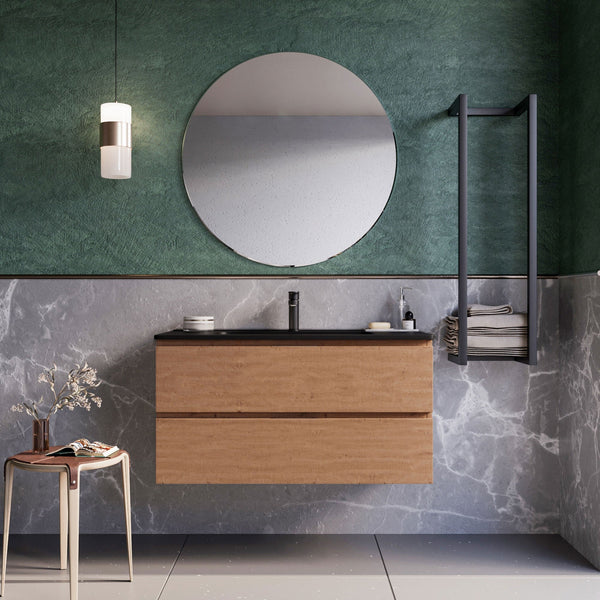 Mobile bagno sospeso 80 cm Rovere Cartagena lavabo nero opaco Seattle con Specchio Bonussi sconto