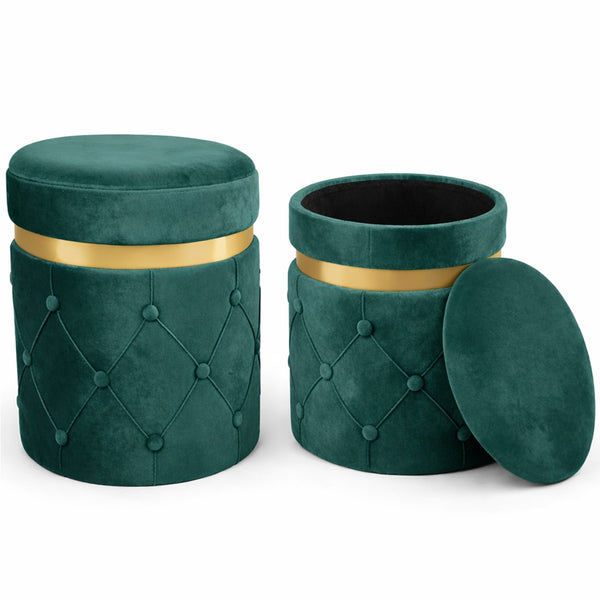 Set 2 Pouf Contenitori 38x44 cm e 31x38 cm con Design Trapuntato in Velluto Verde online