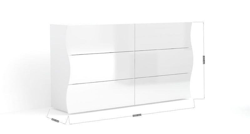 Comò 6 Cassetti 155x40x81,5 cm Onda 6C Bianco Lucido  