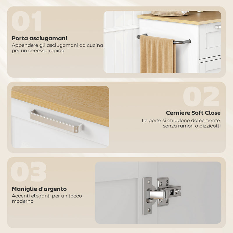 Carrello da Cucina 62x40x87 cm con Cassetto Armadietto Portasciugamani e 3 Portaspezie in Legno Bianco      