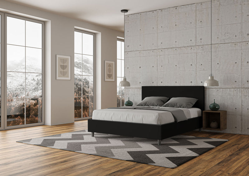 Letto Matrimoniale Giroletto con Alzata Comoda Imbottito in Similpelle Adele Nero Varie Misure