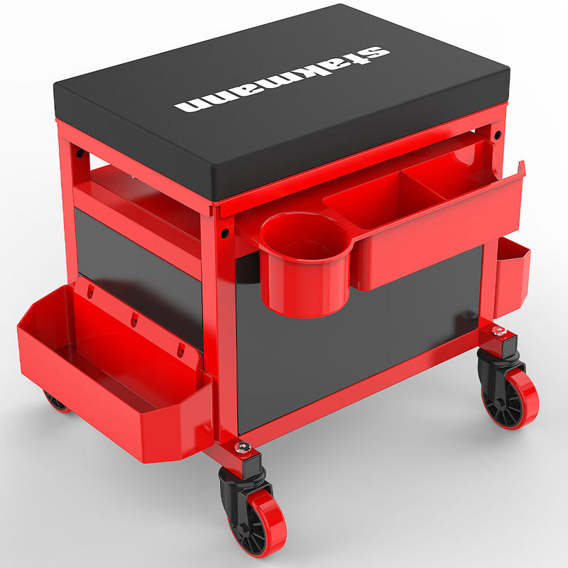 Sgabello Da Officina COSTWAY Con Ruote - Sedile Imbottito, Vassoio Porta Attrezzi, Carico 150 Kg - Foto 5