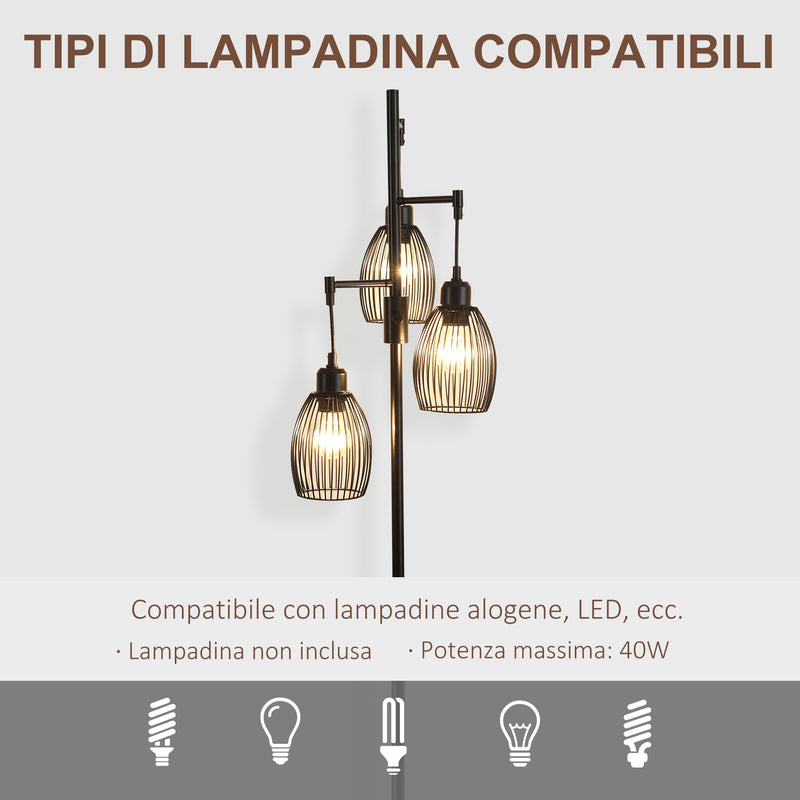 Lampada da Terra Industriale 30x30x170.5 cm con 3 Paralumi e Intensità Regolabile in Acciaio Nero      