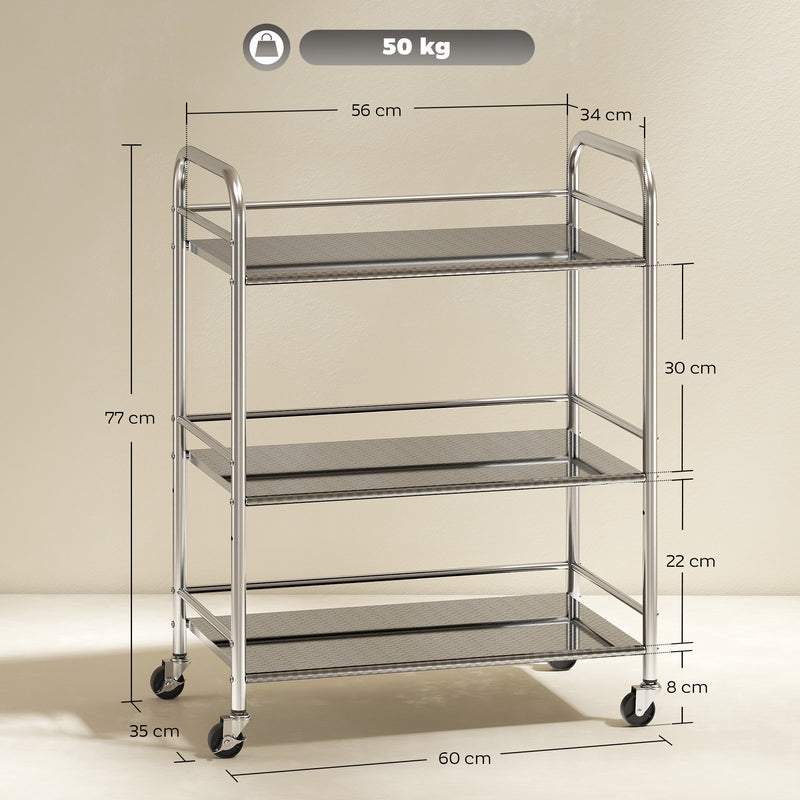 Carrello da Cucina Multiuso a 4 Livelli 60x35x77 cm con Ripiano Centrale Regolabile in Acciaio Inox   