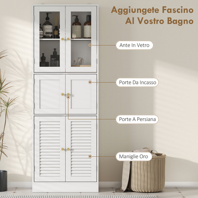 Mobile Bagno 60x30x170 cm con 3 Armadietti a 2 Ante in Vetro e Legno  Bianco      