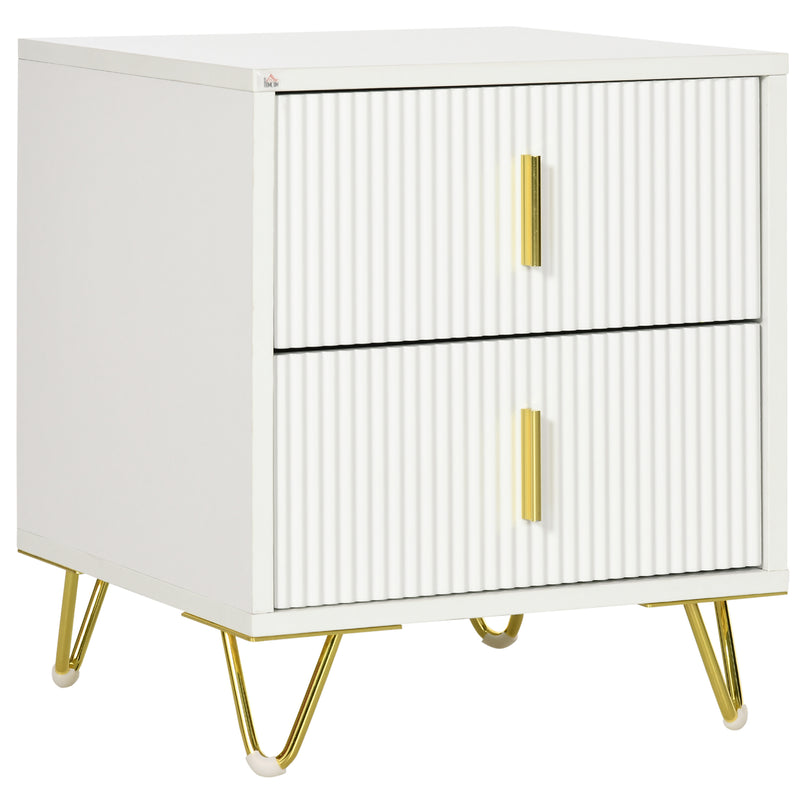 Comodino con 2 Cassetti 40x40x47 cm in Legno con Maniglie e Gambe in Metallo Bianco e Oro      