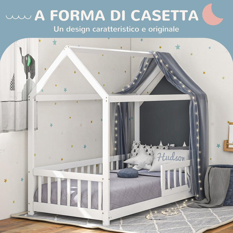 Letto Singolo per Bambini Casetta 96x195x165 cm con Doghe e Recinzione in Legno di Pino Bianco 