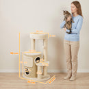 Tiragraffi per Gatti Multilivello 55x39x90 cm con 4 Pali in Sisal 2 Casette Cuccia e Pompon in Truciolare e Peluche Beige      