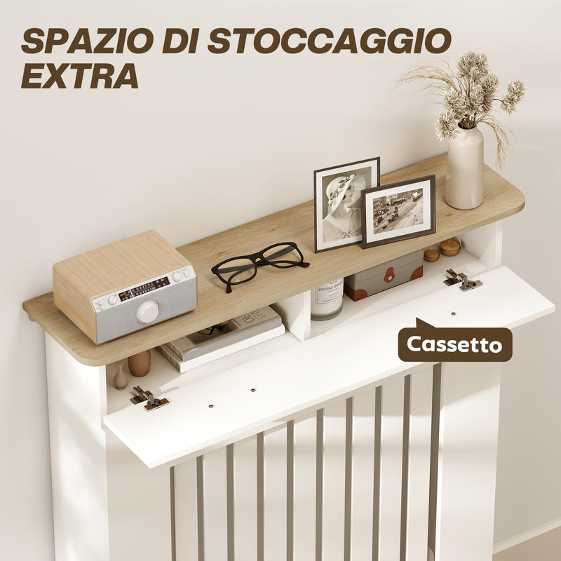 Copritermosifone a Doghe 78x19x97 cm Antiribaltamento con Cassetto in Legno Bianco      