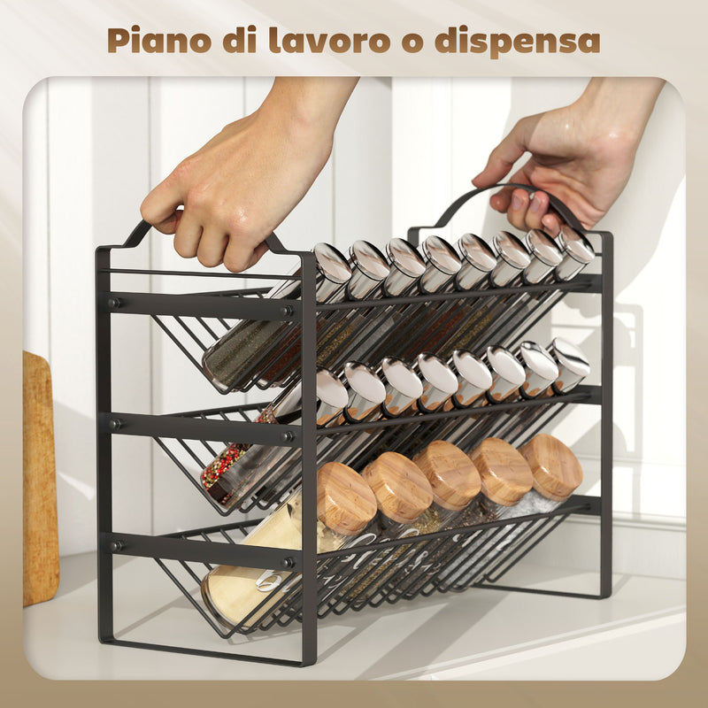 Portaspezie da Cucina a 3 Livelli 39,5x18x33 cm con Ripiani Inclinati in Metallo Nero   