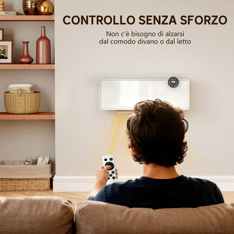 Stufa Elettrica Ceramica PTC 2000W a Parete con 3 Modalità Riscaldamento Regolabile Timer e Telecomando Bianco      