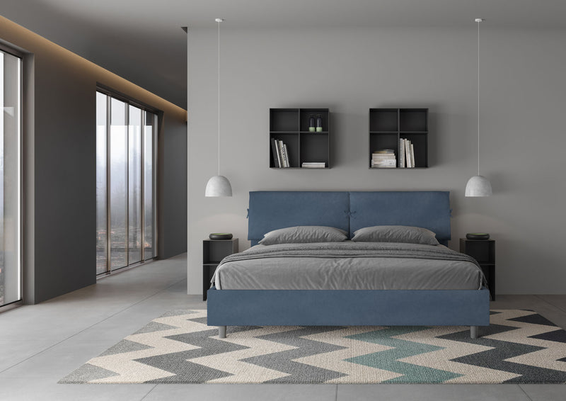 Letto Matrimoniale Testata con Cuscini Imbottito in Microfibra Mados Blu Varie Misure