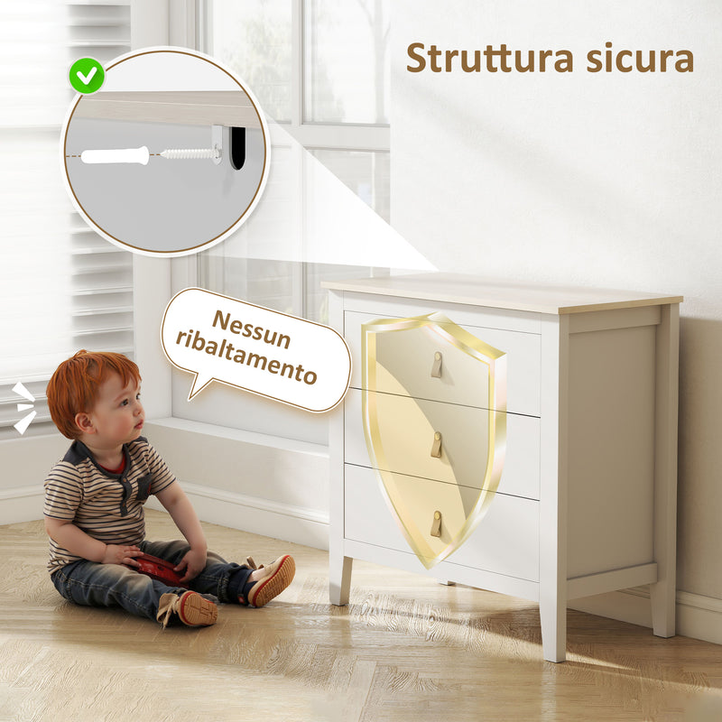 Cassettiera per Camera da Letto a 3 Cassetti 80x40x78,5 cm con Maniglie in Finta Pelle in Legno Bianco  