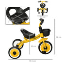 Triciclo per Bambini con Seduta Regolabile 70.5x50x58 cm Struttura in Metallo Giallo  