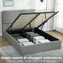 Letto a 1 Piazza e Mezza Contenitore 195x141x106 cm con Spazio a Scomparsa e Testiera Vellutata a Trapunta in Legno e Metallo Grigio      