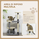 Albero Tiragraffi per Gatti a 3 Livelli H105 cm con Pali in Sisal Grigio