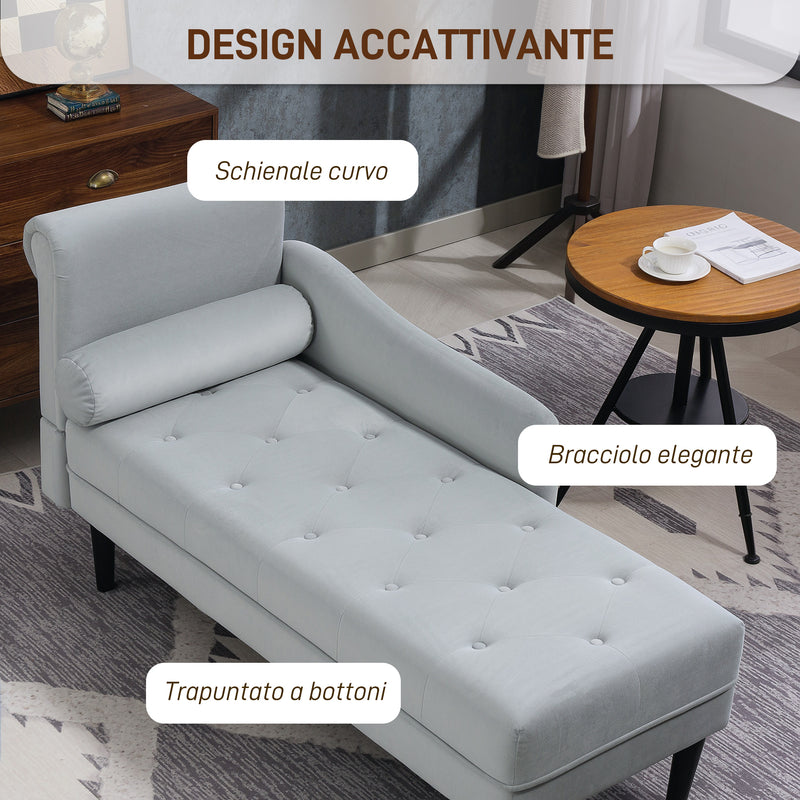 Poltrona Chaise Longue 146x61x82,5 cm Con Sponte e Cuscino Rivestimento Trapuntato Effetto Velluto Grigio  