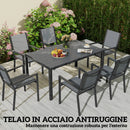 Set da Giardino con Tavolo Rettangolare e 6 Sedie Impilabili Traspiranti in Acciaio Grigio      