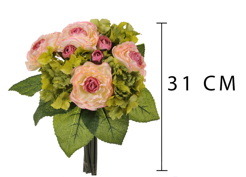 Set 3 Bouquet Artificiale di Ranuncolo e Ortensia Artificiale Altezza 31 cm Rosa