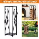 Portalegna per Camino 34x34x111 cm con Accessori in Metallo Nero