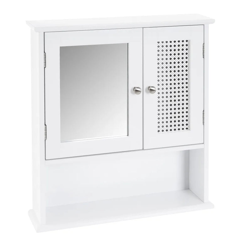 Mobile a Muro da Bagno Pensile con Griglia e Specchio Legno Bianco 56x13x58H cm