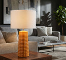 Lampada da Tavolo Gliss Senape Ø30x52 cm in Ceramica e Ferro e Tessuto Senape e Bianco      