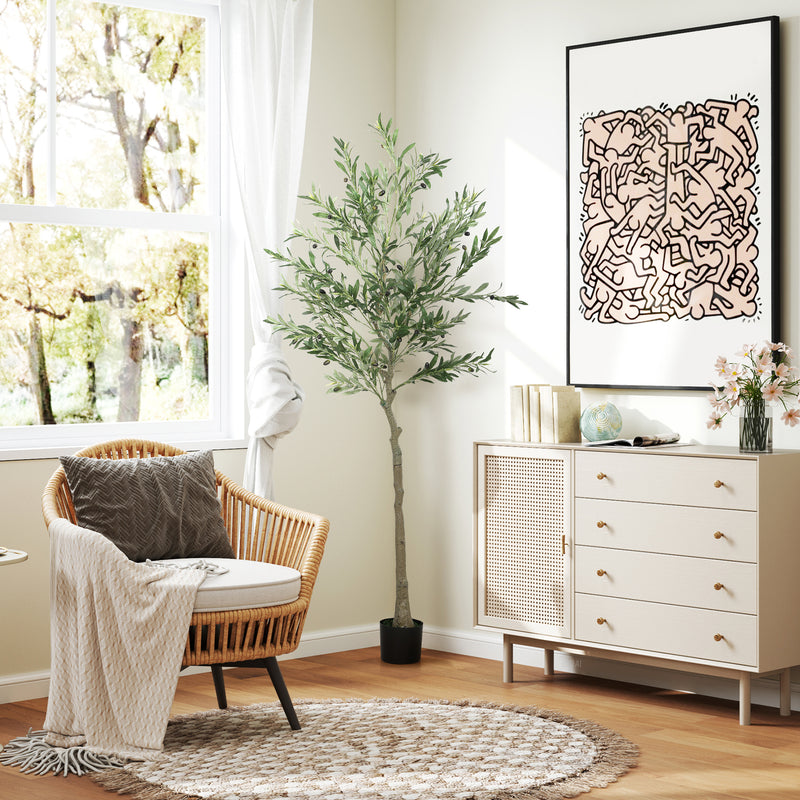 Pianta Artificiale di Olivo Alta 180 cm con 900 Foglie e 40 Olive Vaso Incluso Nero   