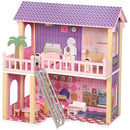 Casa delle Bambole per Bambini 3-6 Anni 64x40x69 cm a 2 Piani con 11 Mobili e 2 Bambole in MDF e Legno di Pino Rosa      
