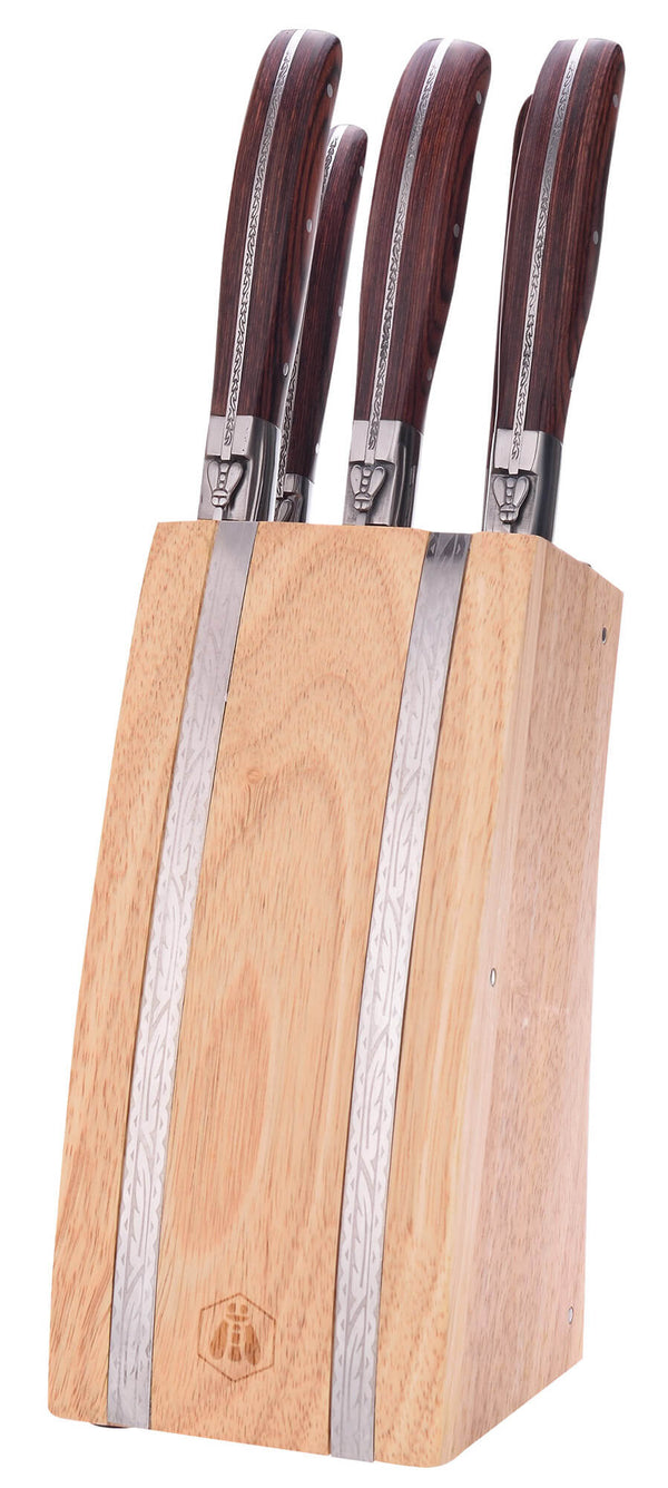 acquista Ceppo in Legno con 3 Coltelli 1 Forchettone 1 Acciaino Manico in Legno